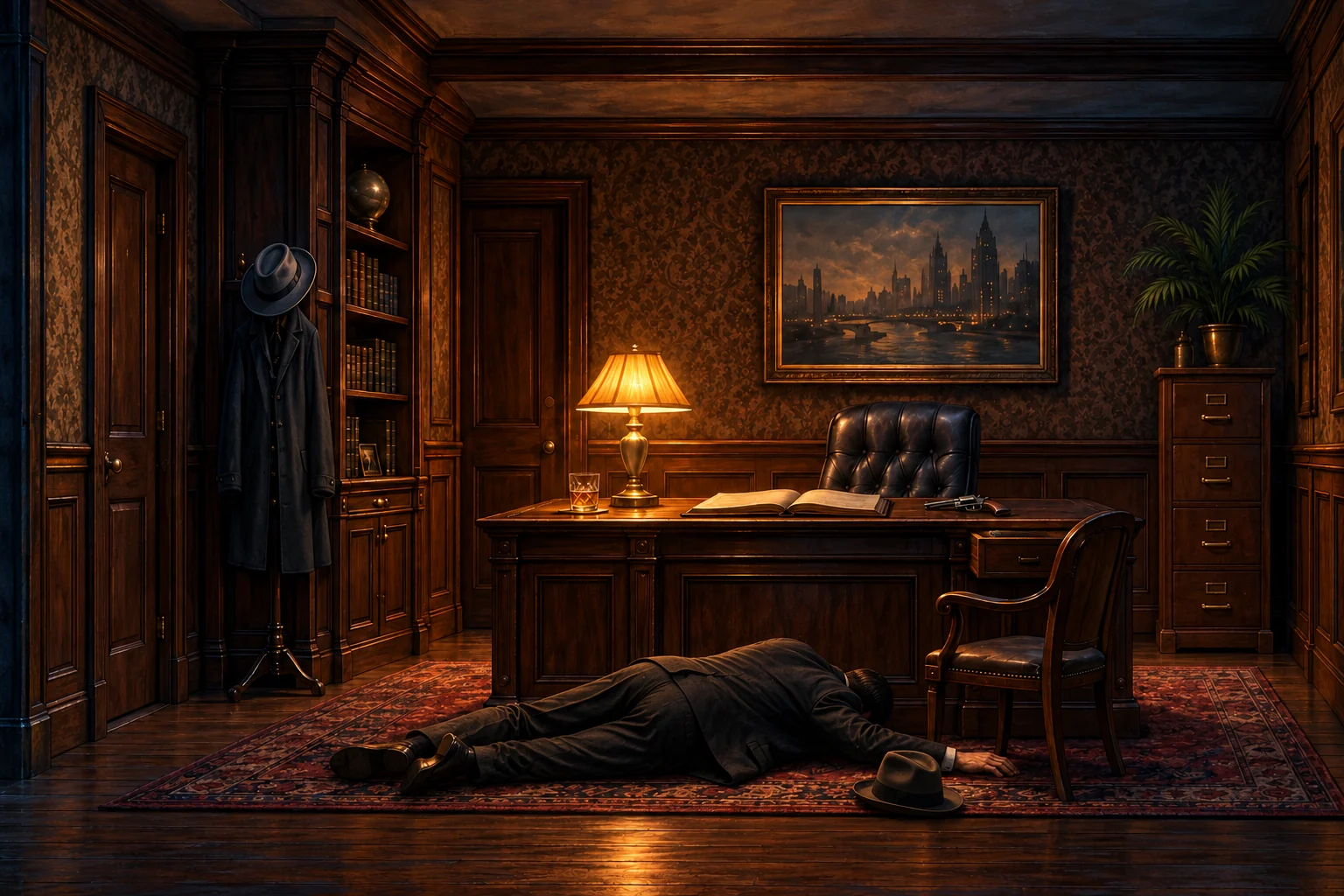 The owner's office, a body on the rug