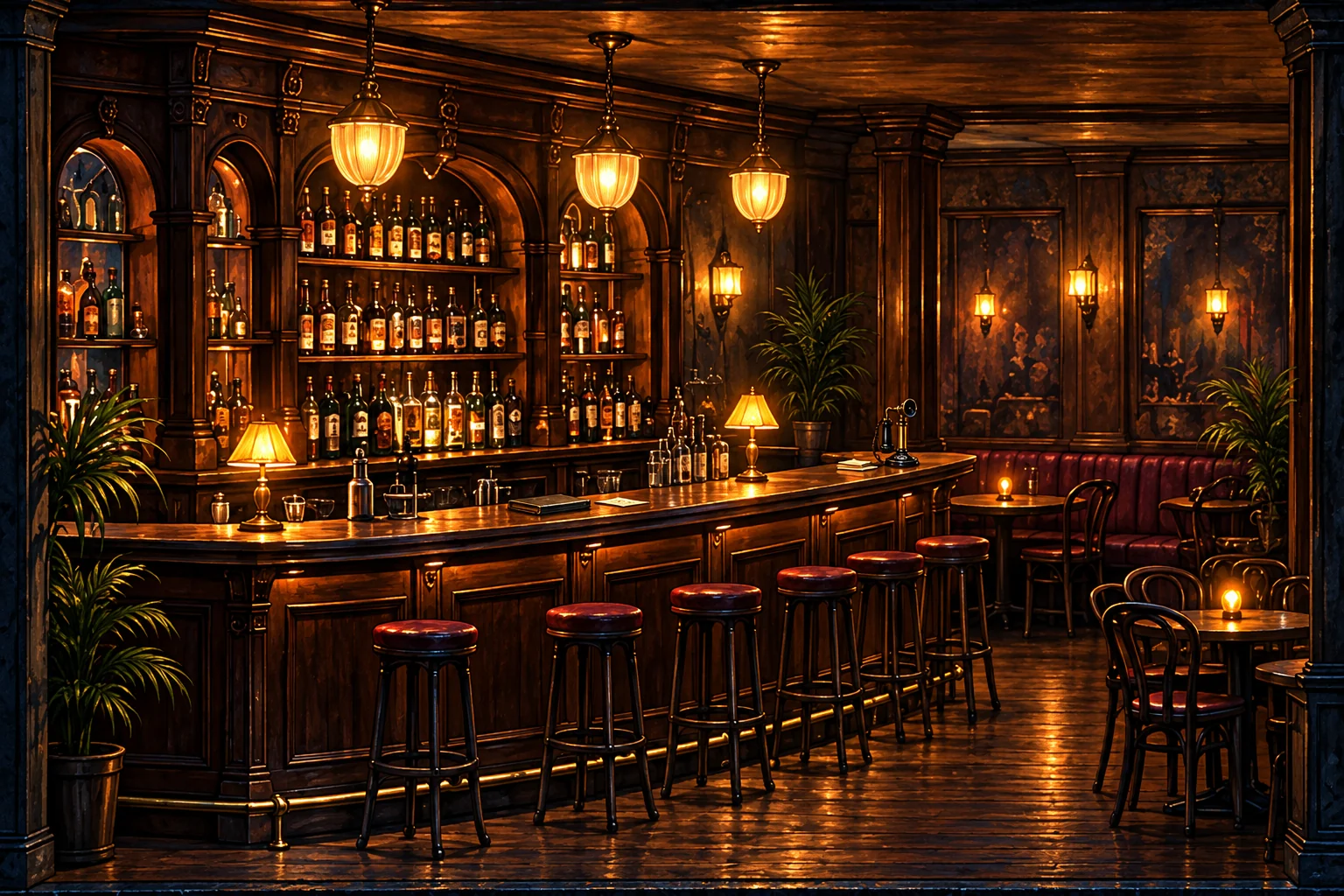 The bar of the Blind Owl club at night